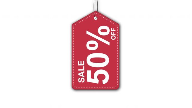 Red hanging discount tag with bold white &ldquo;50% OFF&rdquo; and small &ldquo;SALE&rdquo; text, suspended by a thin string on a clean light gray background for retail promotions