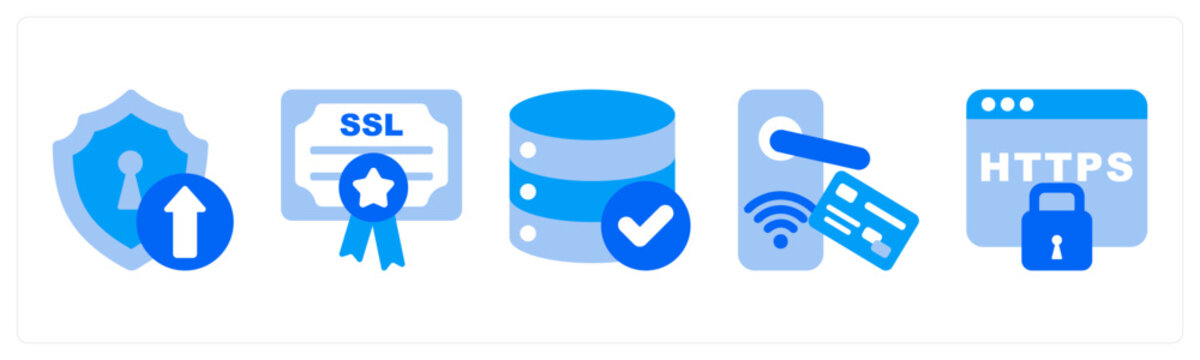 A set of 5 mix icons as Secure Upload, SSL Certificate, Security Guard