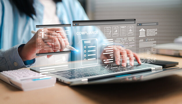 Digital compliance documents on a laptop, with virtual checklists, legal forms, and governance interfaces representing regulatory compliance.