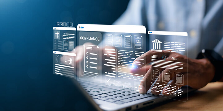 Digital compliance documents on a laptop, with virtual checklists, legal forms, and governance interfaces representing regulatory compliance.