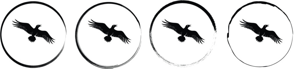 Naklejka premium Four circular featuring a black silhouette of a flying crow or raven, isolated on a white background, set
