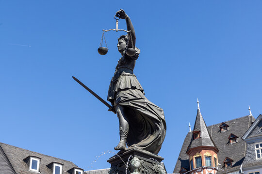 Lady Justice statue at Frankfurt R&ouml;mer square as symbol for Justice