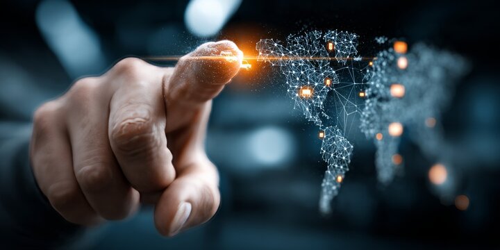 Human finger touching a glowing digital world map with connected network points, representing global technology