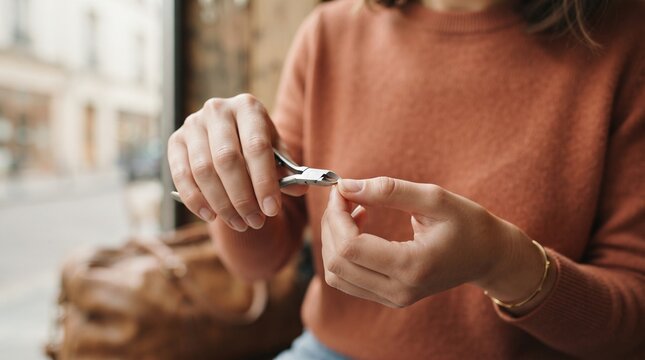 Woman in an orange sweater meticulously clipping her fingernails with a metal clipper.