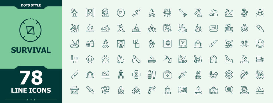 Survival icon set. Pack of self preservation, rescue, war, survivor, hunting, survival skill. Self Preservation icon set. Minimal icons pack. Minimalist Editable stroke. Vector illustration.