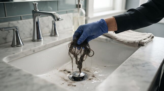 A person wearing a blue glove removes a large clump of hair and debris from a clogged bathroom sink drain.