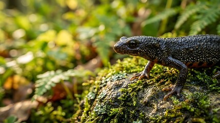 Fototapeta premium Small black newt resting on mossy stone in forest