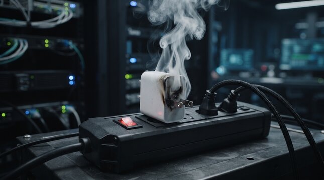 A smoking, burnt electrical plug in a power strip, indicating an electrical short circuit or fire hazard in a server room environment.