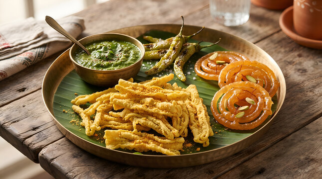 Gujarati Fafda Jalebi traditional Indian breakfast snack with green chutney and chilies
