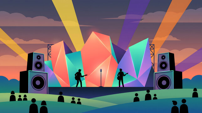 Outdoor Music Festival Concert Stage with Musicians Performing for a Live Crowd