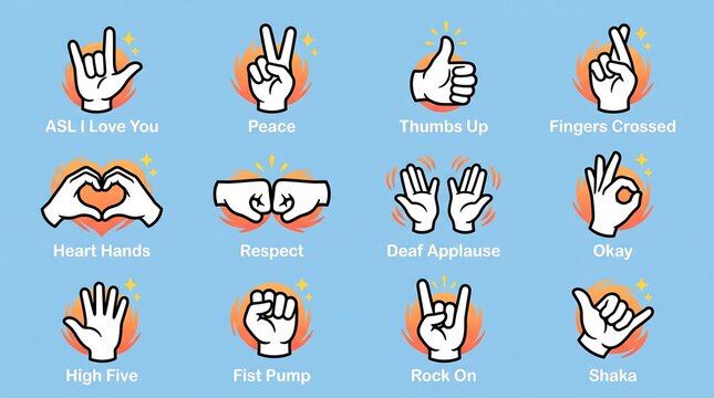 Hand Sign Vector ASL Love Peace Thumbs Up Fist Pump Communication Icon Set