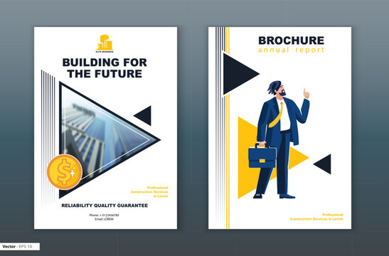 Abstract folder layout. Business brochure cover design A4 format, information frame text. Title page. Flyer advertising font. Businessman, Buildings, yellow and black triangles. Vector illustration
