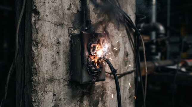Electrical outlet sparking and burning on a concrete wall due to a short circuit, showing a dangerous electrical fault.
