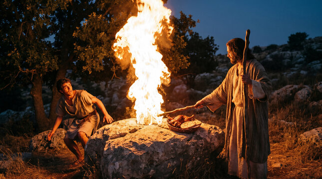 The Angel of the Lord touching Gideon's offering with the tip of his staff, causing fire to flare up directly from the solid rock