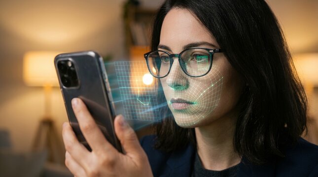 Woman using facial recognition technology on smartphone for secure mobile banking access.