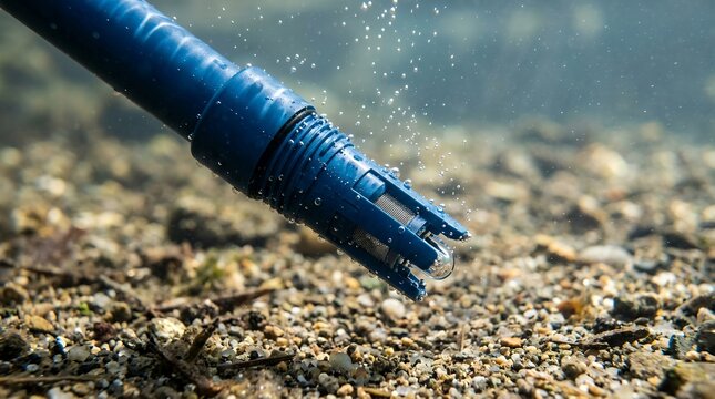 Water quality sensor probe testing groundwater purity in a riverbed macro shot.