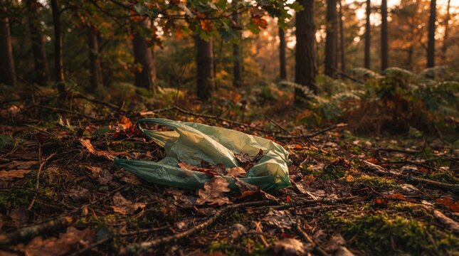A discarded green plastic bag lies on the forest floor amidst fallen leaves and twigs, highlighting environmental pollution.