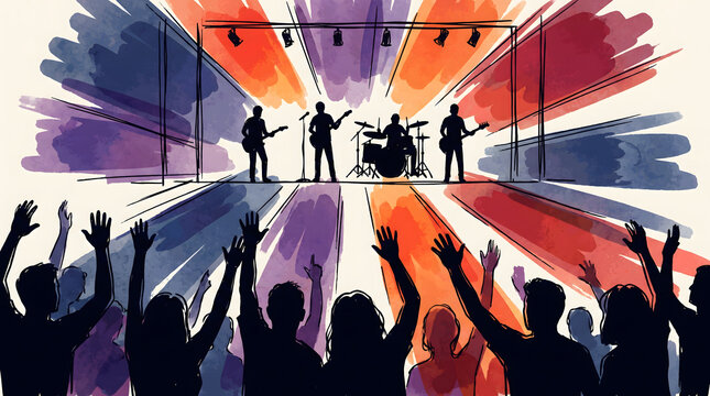 Watercolor Illustration of a Live Music Concert Performance with Excited Crowd Audience