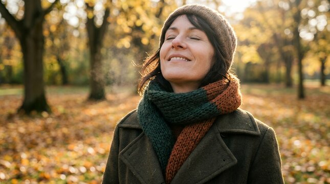 Woman breathing fresh air outdoors in autumn park for health and wellness recovery concept.