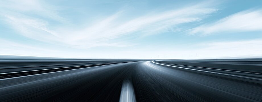Motion blurred asphalt road stretching to the horizon under a pale blue sky