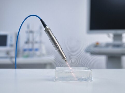 Surgical laser handpiece firing red precision beam into clear gel test block in medical laboratory with visible shockwave ripples