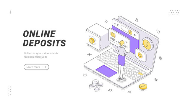 Isometric vector illustration of online deposits. A digital banking and financial services web banner or landing page template. Secure money savings, account funding, and e-wallet concept
