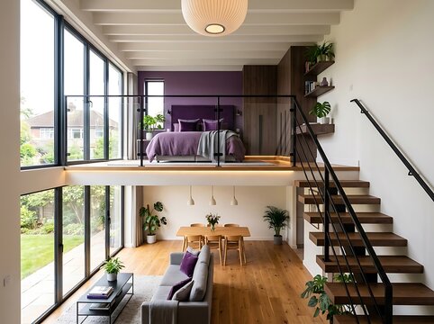 Modern Mezzanine Apartment Interior with Open Plan Living Room Dining Area and Stylish Loft Bedroom Featuring Large Windows