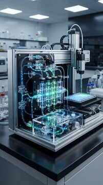 High tech automated liquid handling machine with vibrant blue and green fluorescent lighting, complex piping, and a microplate sample tray in a clean laboratory.