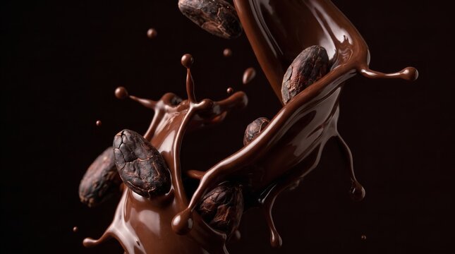 Liquid chocolate splash with cocoa beans on black background