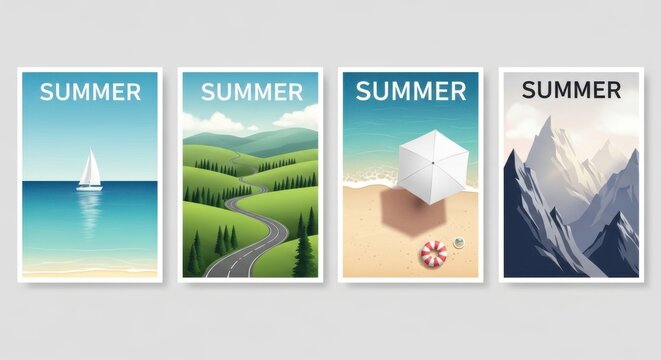 Set of four summer travel posters with landscape illustrations