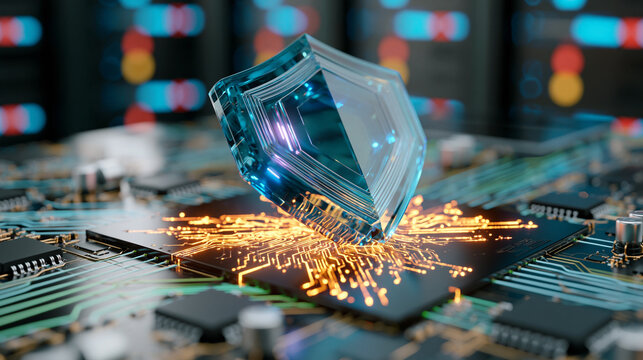 A large, transparent blue shield with glowing neon edges is positioned on a dark blue and black motherboard.