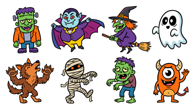 Group of whimsical Halloween monsters in bright colors, isolated on a transparent background for a fun, festive look. Ideal for kids apparel prints, party stickers, and Halloween illustrations.