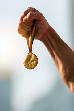 An arm stretches upward, holding a gold medal.