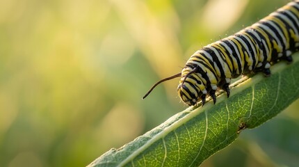 Naklejka premium Striped caterpillar crawling along a fresh green leaf in the garden sunlight