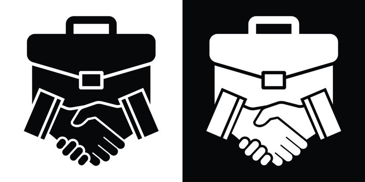 Business briefcase icon integrated with a handshake symbol, representing corporate deal, professional job agreement, employment contract, and partnership vector design.