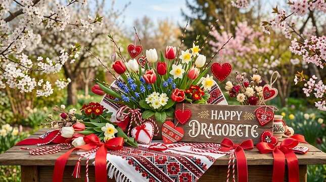 Dragobete celebration with spring flowers and traditional Romanian folk motifs