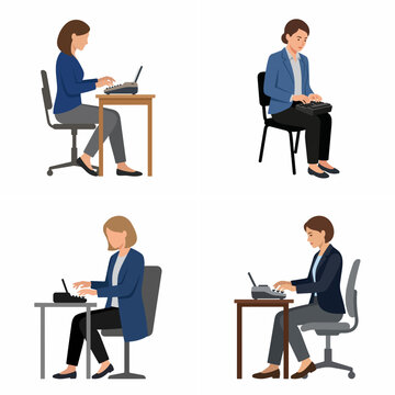 Set of Flat Vector Illustrations Representing Female Court Reporters and Stenographers Using Stenotype Machines
