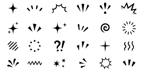 Collection of black comic emphasis, emotion marks, surprise symbols, sparkle stars, and emphasis lines isolated on white background. Manga visual expression set for graphic design and stickers. © Jennie