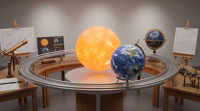 3D Illustration of a Solar System Model with Sun and Earth in an Astronomical Study with Telescope and Charts