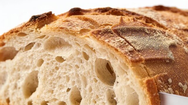 Slicing artisan sourdough loaf on white tabletop, serrated knife starting sawing motion to slice