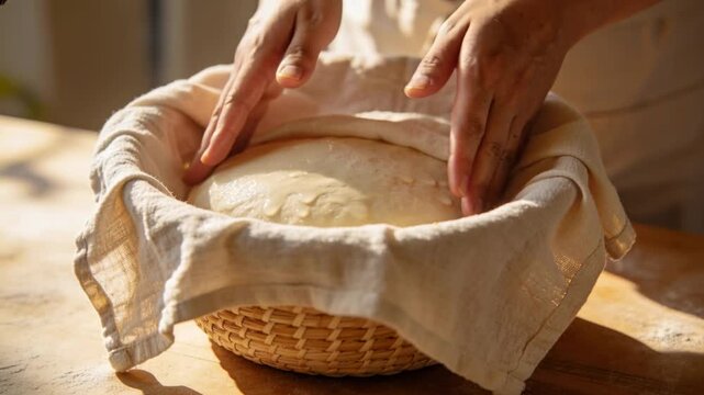 Pulling back linen cloth, baker in apron revealing shiny dough in banneton on counter testing rise