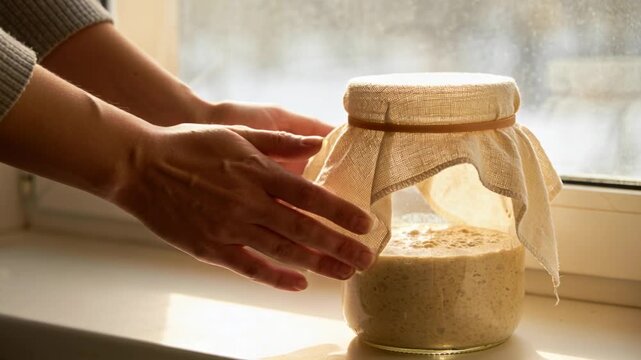 Approaching woman securing cloth over starter jar on sill with rubber band for fermenting gray top
