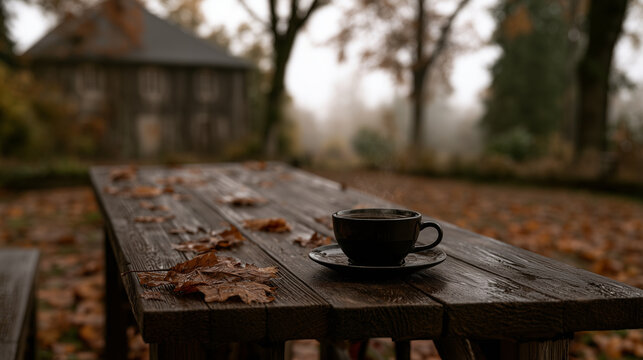 Black Coffee Cup and Saucer on Wet Wooden Table with Fallen Leaves and Foggy House