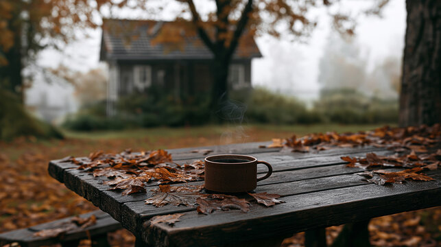 Steaming Coffee Mug on Wet Wooden Picnic Table with Fallen Autumn Leaves in Front of Misty Cabin