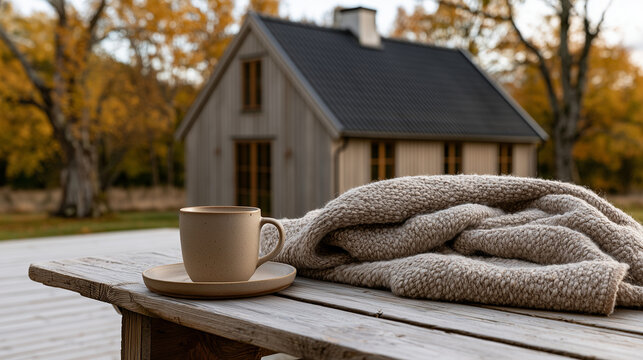 Cozy Ceramic Coffee Mug and Knit Blanket on Wooden Table with Tiny House in Autumn Background