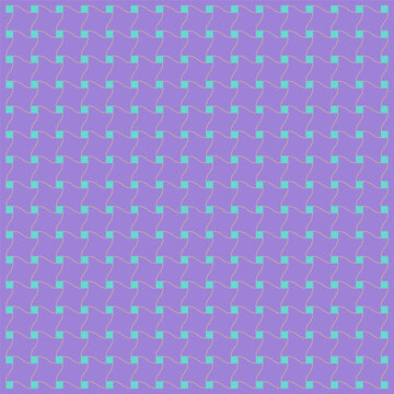 Seamless repeating pattern featuring a tessellation of stylized squares in purple and teal with delicate wavy line accents