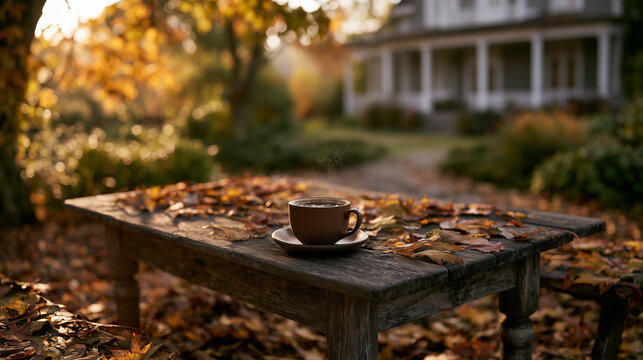 Steaming Coffee Cup on Weathered Wooden Bench Covered with Autumn Leaves in Backyard