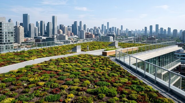 Extensive Green Roof with Sedum Plants on Urban Building