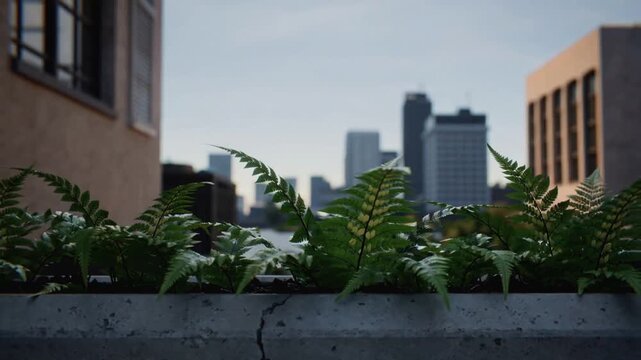 Sun rising, camera pulling back fern frond revealing veins and dew on rooftop, cracked planter