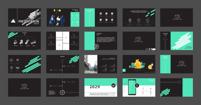 Business presentation, powerpoint, launch of a new business project. Infographic design template, green elements, black background, set. A team of people creates a business, teamwork. Mobile app, web
